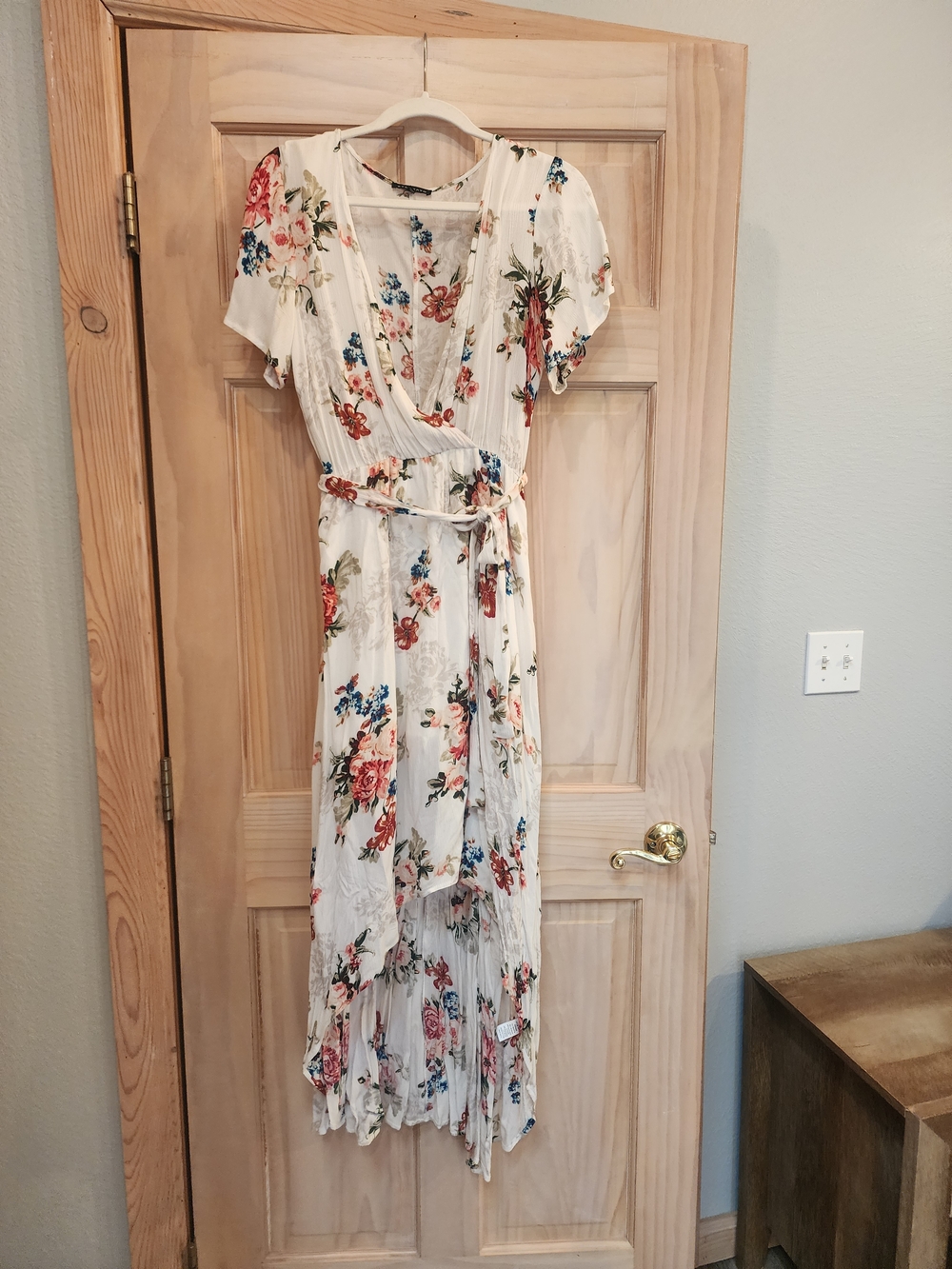 Staccato Ivory Floral High-Low Wrap Dress with Pink and Blue Blooms